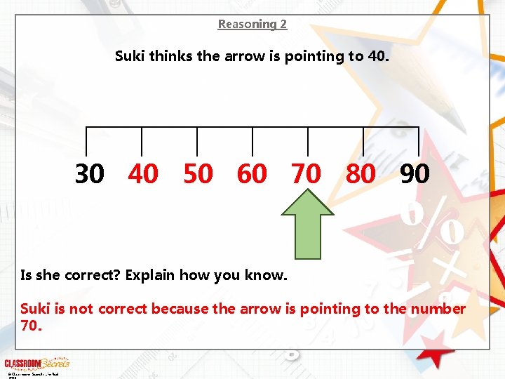 Reasoning 2 Suki thinks the arrow is pointing to 40. 30 40 50 60