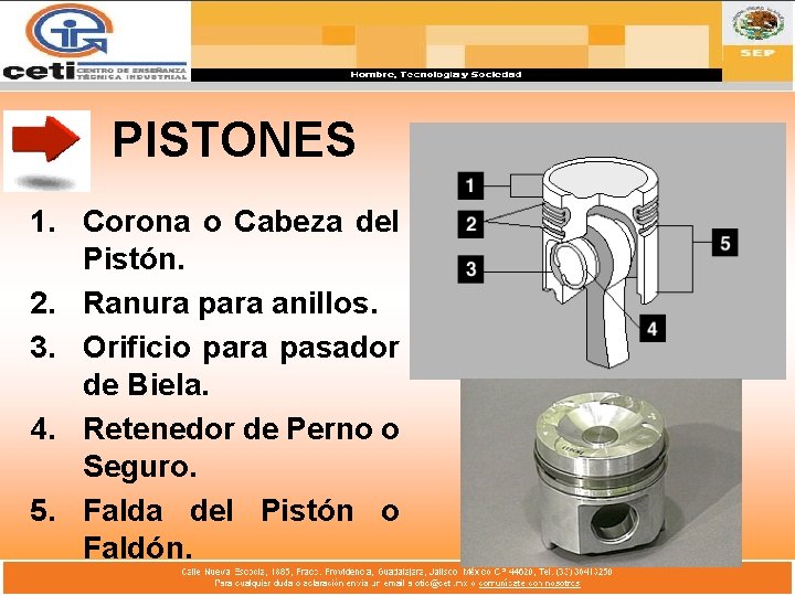 PISTONES 1. Corona o Cabeza del Pistón. 2. Ranura para anillos. 3. Orificio para