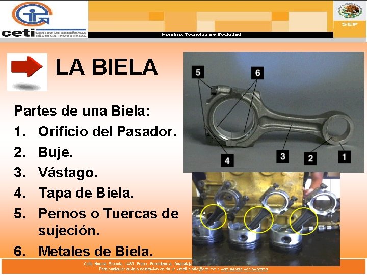 LA BIELA Partes de una Biela: 1. Orificio del Pasador. 2. Buje. 3. Vástago.