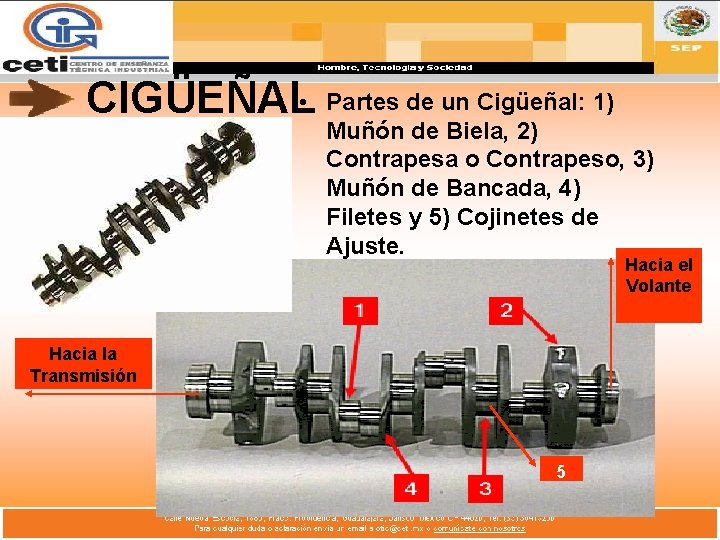 CIGÜEÑAL • Partes de un Cigüeñal: 1) Muñón de Biela, 2) Contrapesa o Contrapeso,