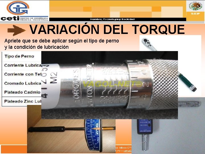 VARIACIÓN DEL TORQUE Apriete que se debe aplicar según el tipo de perno y