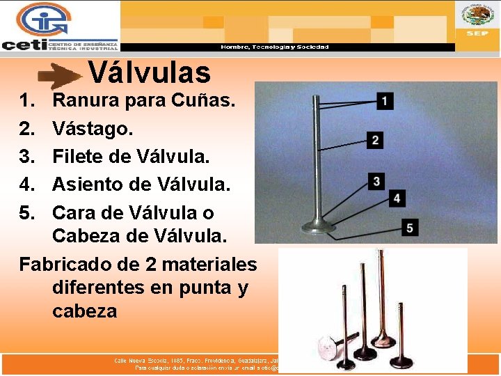 1. 2. 3. 4. 5. Válvulas Ranura para Cuñas. Vástago. Filete de Válvula. Asiento