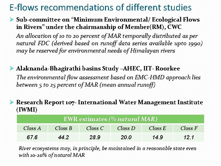 E-flows recommendations of different studies Ø Sub-committee on “Minimum Environmental/ Ecological Flows in Rivers”