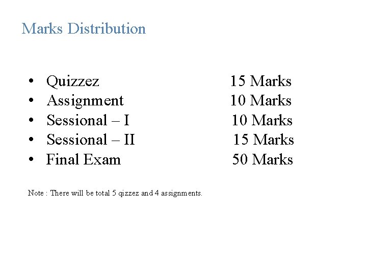 Marks Distribution • • • Quizzez Assignment Sessional – II Final Exam Note :