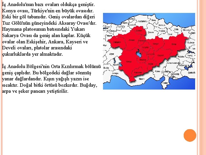İç Anadolu'nun bazı ovaları oldukça geniştir. Konya ovası, Türkiye'nin en büyük ovasıdır. Eski bir
