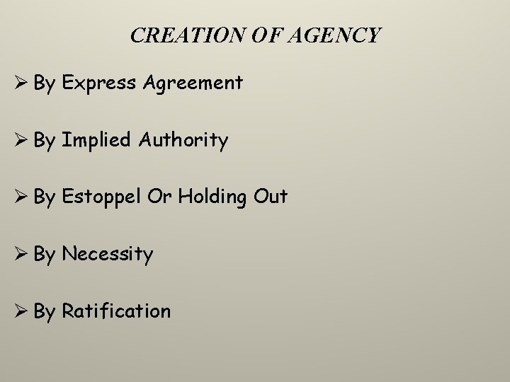 CREATION OF AGENCY Ø By Express Agreement Ø By Implied Authority Ø By Estoppel