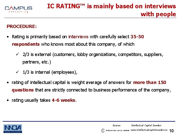 IC RATING™ is mainly based on interviews with people PROCEDURE: • Rating is primarily