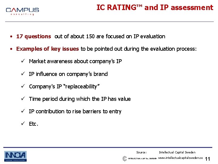 IC RATING™ and IP assessment • 17 questions out of about 150 are focused