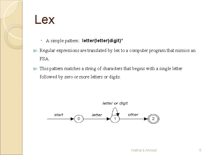 Lex ◦ A simple pattern: letter(letter|digit)* Regular expressions are translated by lex to a