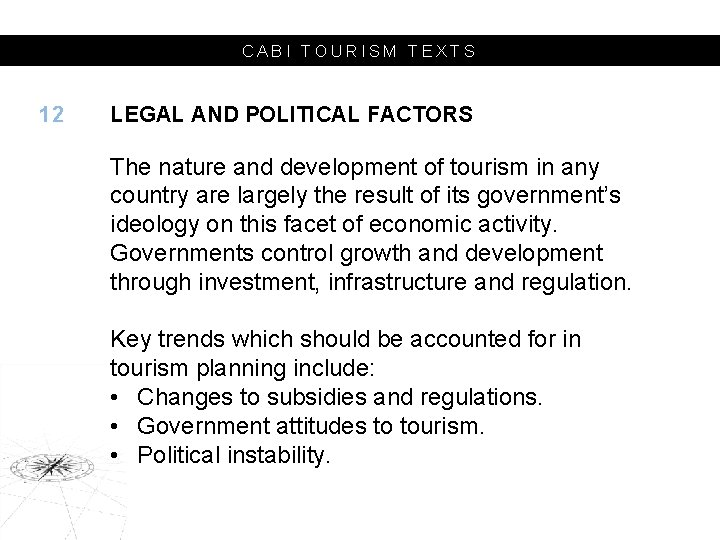 CABI TOURISM TEXTS 12 LEGAL AND POLITICAL FACTORS The nature and development of tourism