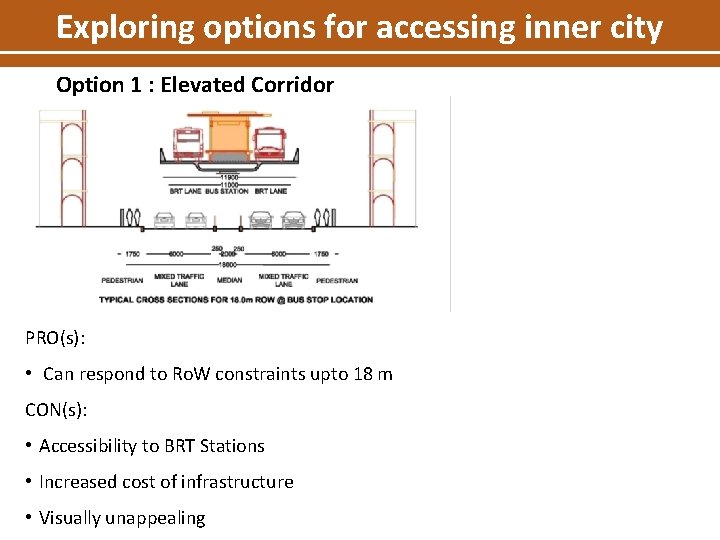 Exploring options for accessing inner city Option 1 : Elevated Corridor PRO(s): • Can