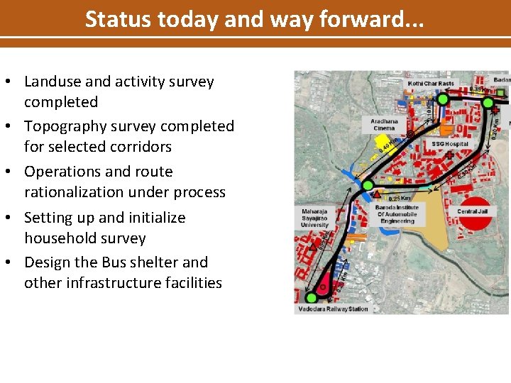 Status today and way forward. . . • Landuse and activity survey completed •