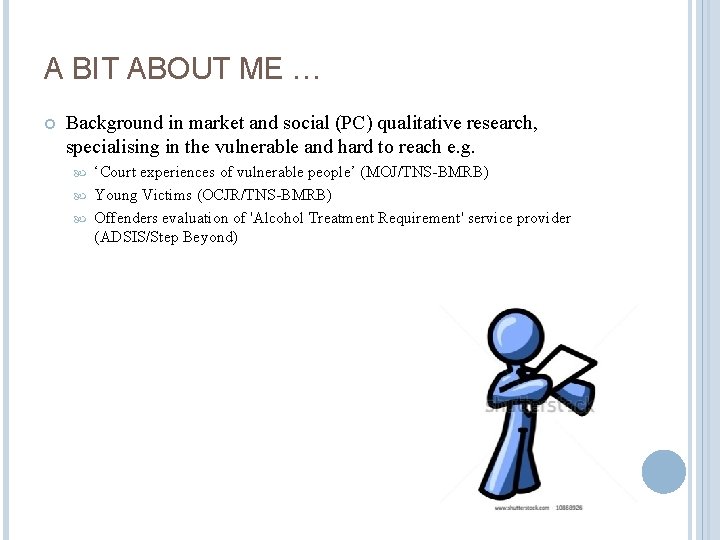 A BIT ABOUT ME … Background in market and social (PC) qualitative research, specialising