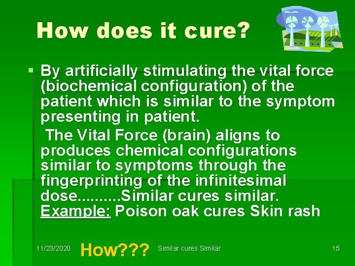 How does it cure? § By artificially stimulating the vital force (biochemical configuration) of