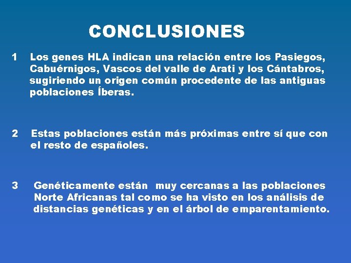 CONCLUSIONES 1 Los genes HLA indican una relación entre los Pasiegos, Cabuérnigos, Vascos del