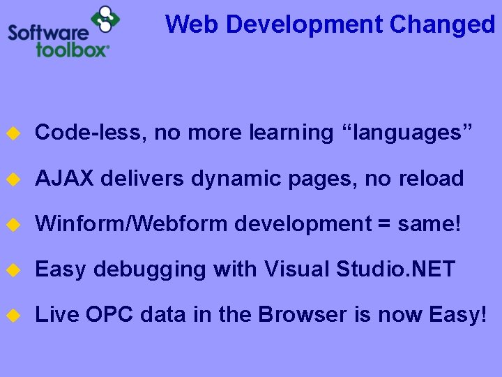 Web Development Changed u Code-less, no more learning “languages” u AJAX delivers dynamic pages,