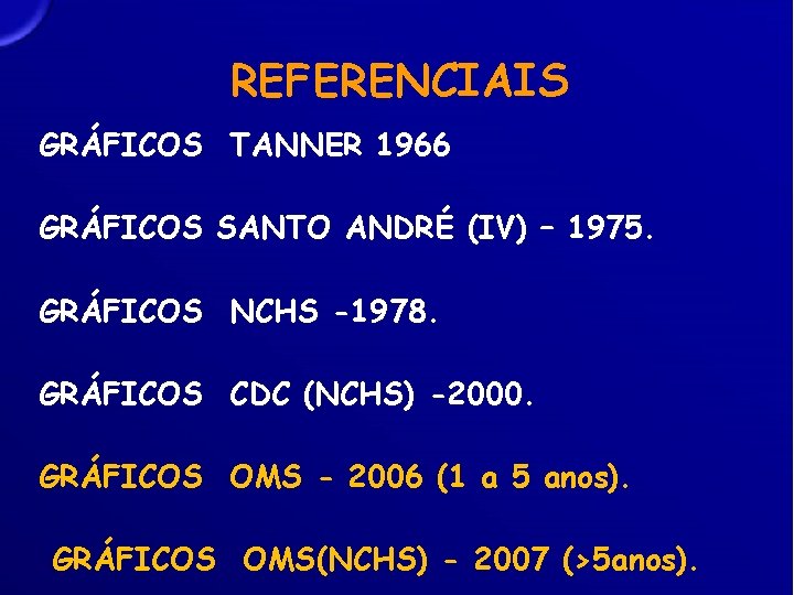 REFERENCIAIS GRÁFICOS TANNER 1966 GRÁFICOS SANTO ANDRÉ (IV) – 1975. GRÁFICOS NCHS -1978. GRÁFICOS
