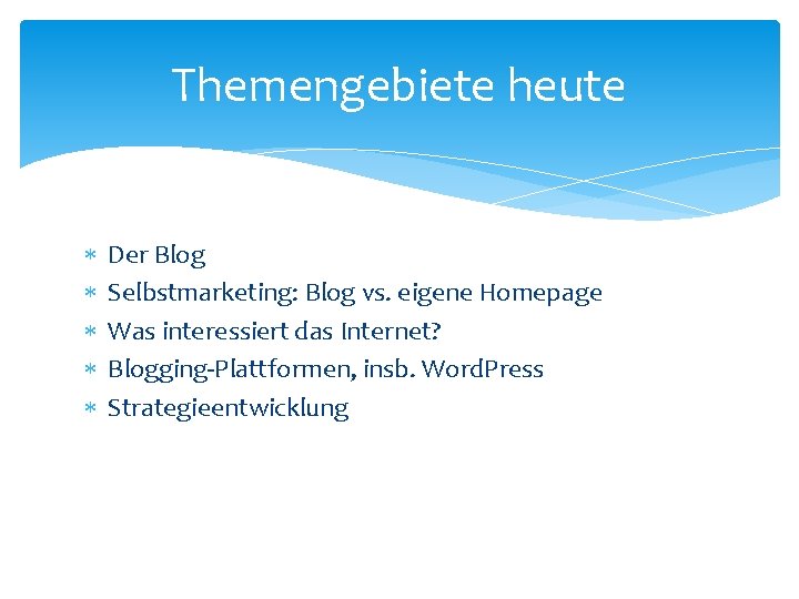 Themengebiete heute Der Blog Selbstmarketing: Blog vs. eigene Homepage Was interessiert das Internet? Blogging-Plattformen,