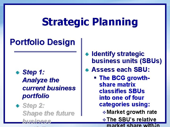 Strategic Planning Portfolio Design Step 1: Analyze the current business portfolio Step 2: Shape