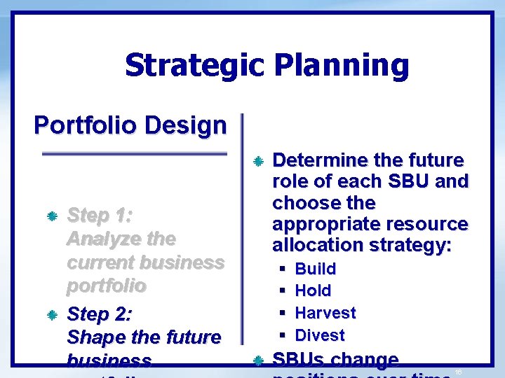 Strategic Planning Portfolio Design Step 1: Analyze the current business portfolio Step 2: Shape