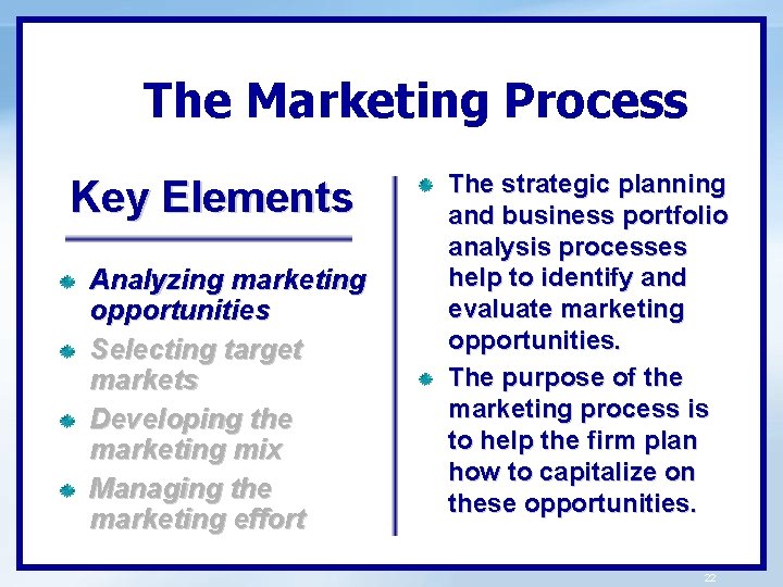 The Marketing Process Key Elements Analyzing marketing opportunities Selecting target markets Developing the marketing