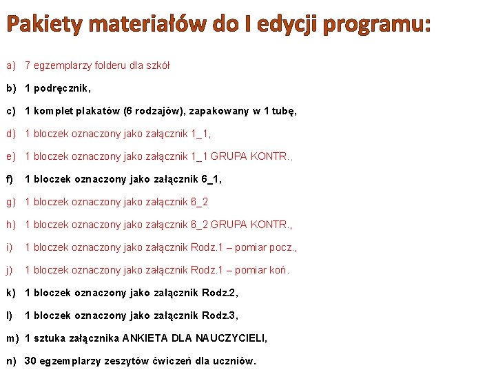 Pakiety materiałów do I edycji programu: a) 7 egzemplarzy folderu dla szkół b) 1