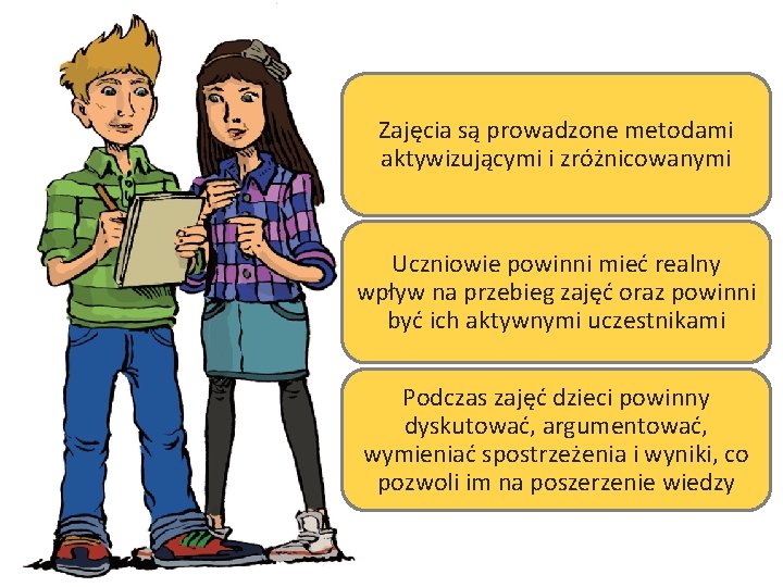 Zajęcia są prowadzone metodami aktywizującymi i zróżnicowanymi Uczniowie powinni mieć realny wpływ na przebieg