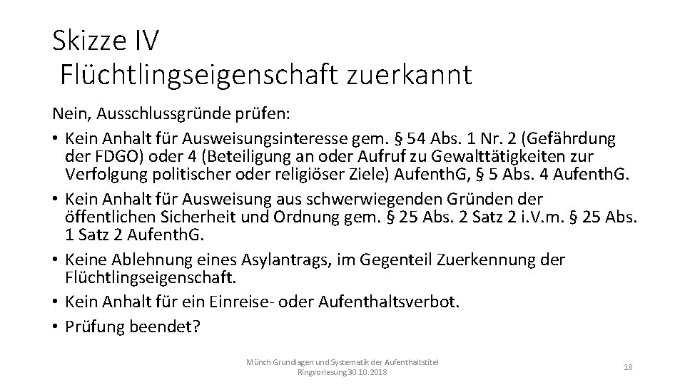 Skizze IV Flüchtlingseigenschaft zuerkannt Nein, Ausschlussgründe prüfen: • Kein Anhalt für Ausweisungsinteresse gem. §