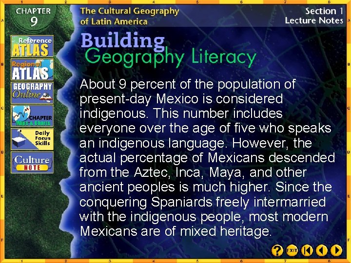 About 9 percent of the population of present-day Mexico is considered indigenous. This number