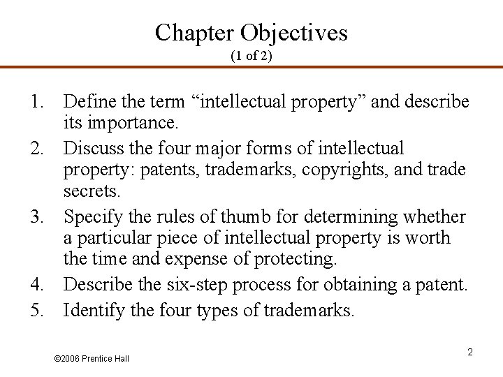Chapter Objectives (1 of 2) 1. Define the term “intellectual property” and describe its