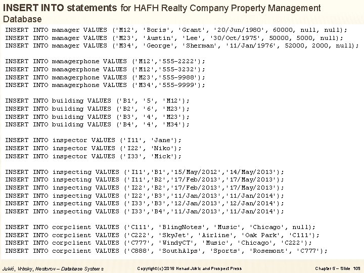 INSERT INTO statements for HAFH Realty Company Property Management Database INSERT INTO manager VALUES