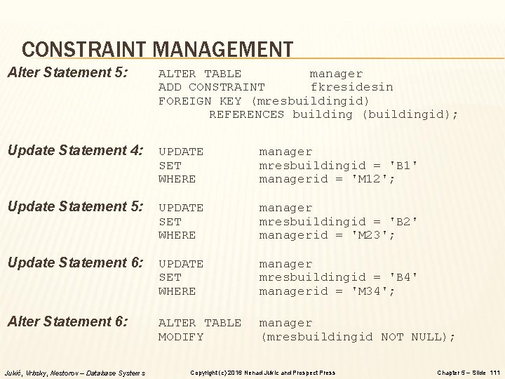 CONSTRAINT MANAGEMENT Alter Statement 5: ALTER TABLE manager ADD CONSTRAINT fkresidesin FOREIGN KEY (mresbuildingid)