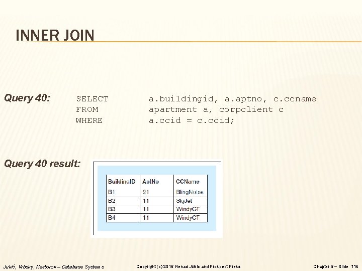 INNER JOIN Query 40: SELECT FROM WHERE a. buildingid, a. aptno, c. ccname apartment