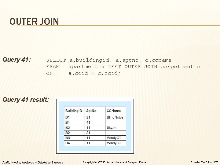 OUTER JOIN Query 41: SELECT a. buildingid, a. aptno, c. ccname FROM apartment a