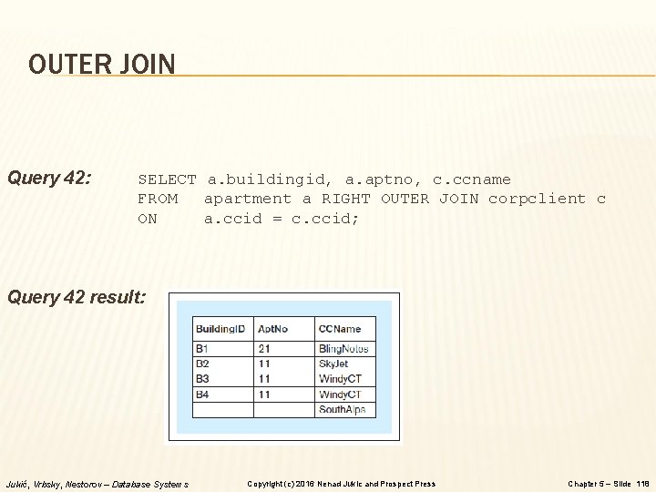 OUTER JOIN Query 42: SELECT a. buildingid, a. aptno, c. ccname FROM apartment a