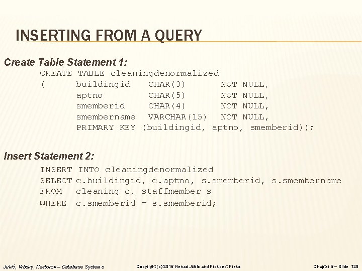 INSERTING FROM A QUERY Create Table Statement 1: CREATE TABLE cleaningdenormalized ( buildingid CHAR(3) INSERTING FROM A QUERY Create Table Statement 1: CREATE TABLE cleaningdenormalized ( buildingid CHAR(3)
