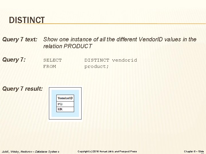 DISTINCT Query 7 text: Show one instance of all the different Vendor. ID values DISTINCT Query 7 text: Show one instance of all the different Vendor. ID values