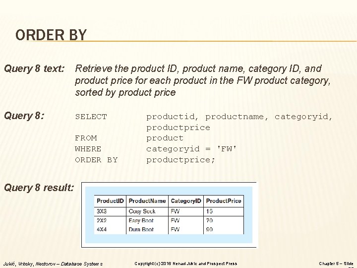 ORDER BY Query 8 text: Retrieve the product ID, product name, category ID, and