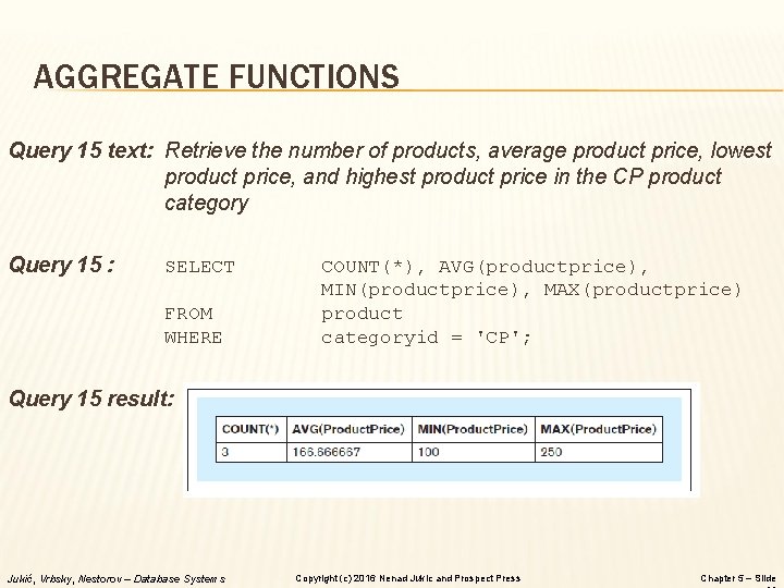 AGGREGATE FUNCTIONS Query 15 text: Retrieve the number of products, average product price, lowest