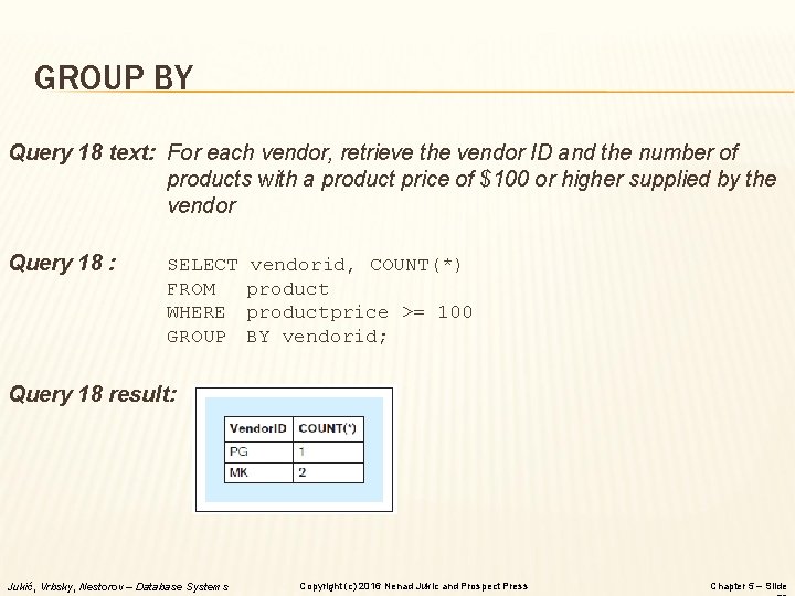GROUP BY Query 18 text: For each vendor, retrieve the vendor ID and the GROUP BY Query 18 text: For each vendor, retrieve the vendor ID and the