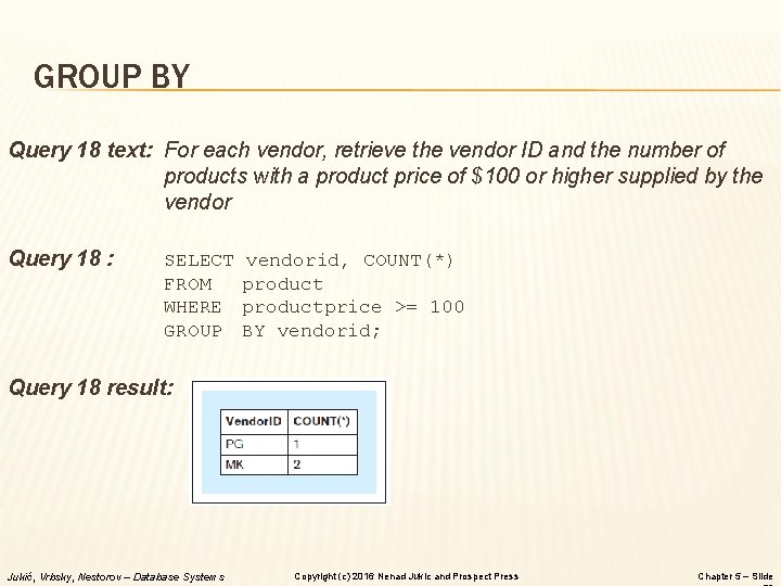 GROUP BY Query 18 text: For each vendor, retrieve the vendor ID and the