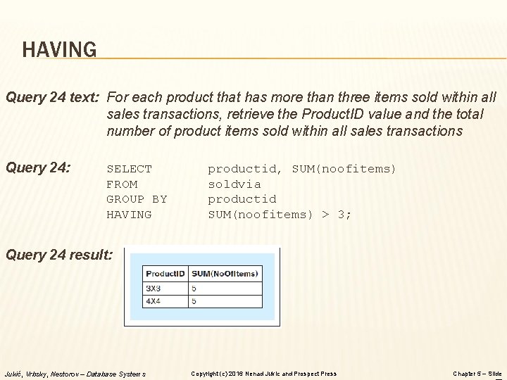 HAVING Query 24 text: For each product that has more than three items sold HAVING Query 24 text: For each product that has more than three items sold