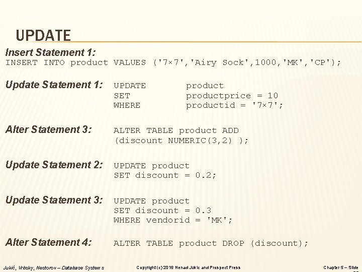 UPDATE Insert Statement 1: INSERT INTO product VALUES ('7× 7', 'Airy Sock', 1000, 'MK',