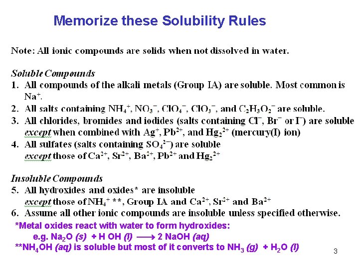 Memorize these Solubility Rules *Metal oxides react with water to form hydroxides: e. g. Memorize these Solubility Rules *Metal oxides react with water to form hydroxides: e. g.