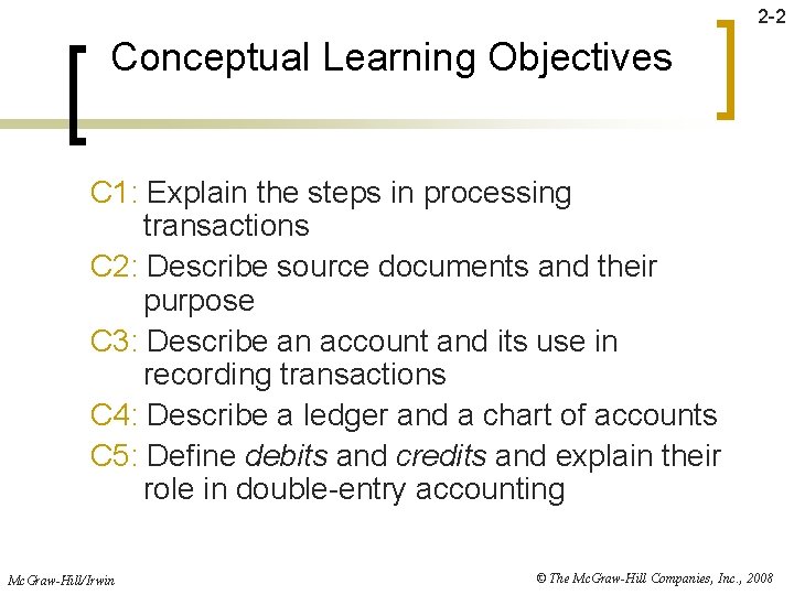 2 -2 Conceptual Learning Objectives C 1: Explain the steps in processing transactions C