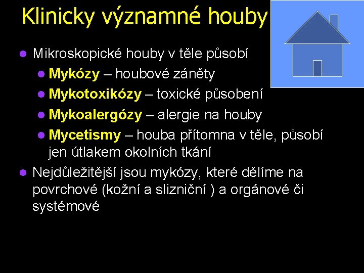 Klinicky významné houby Mikroskopické houby v těle působí l Mykózy – houbové záněty l