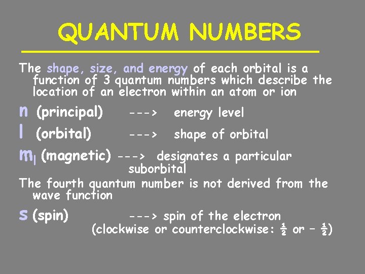 QUANTUM NUMBERS The shape, size, and energy of each orbital is a function of