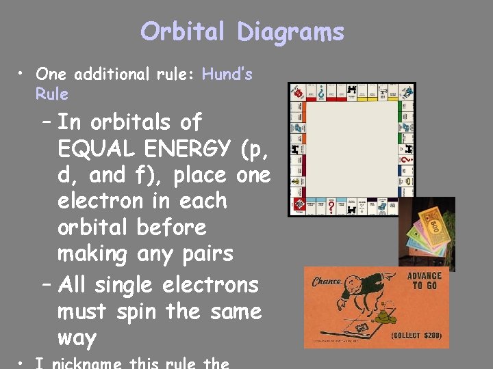 Orbital Diagrams • One additional rule: Hund’s Rule – In orbitals of EQUAL ENERGY