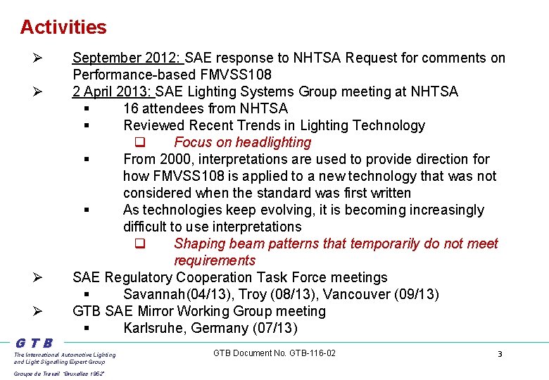 Activities Ø Ø GTB September 2012: SAE response to NHTSA Request for comments on