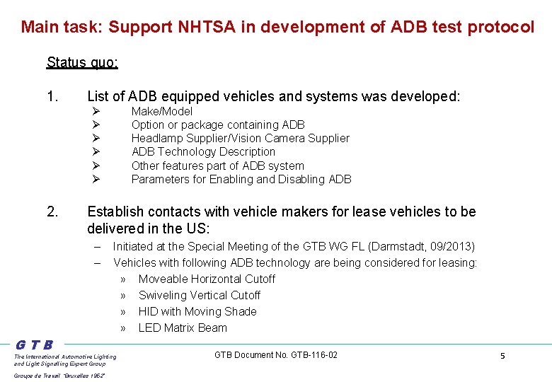 Main task: Support NHTSA in development of ADB test protocol Status quo: 1. List